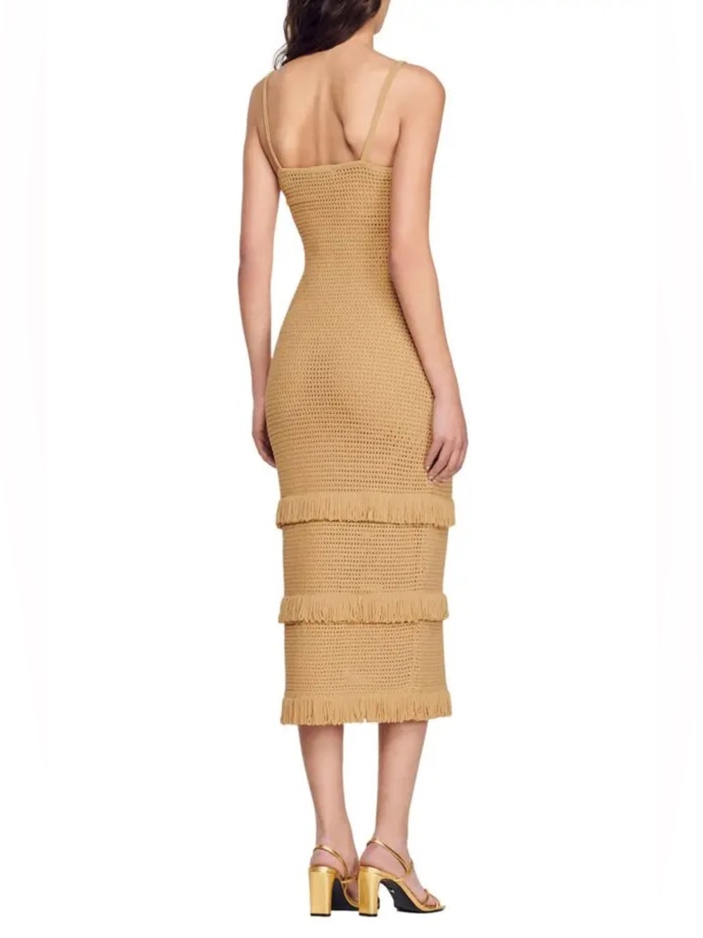 SANDRO Anvers Pointelle Knit Dress in Camel - Picture 3 of 14